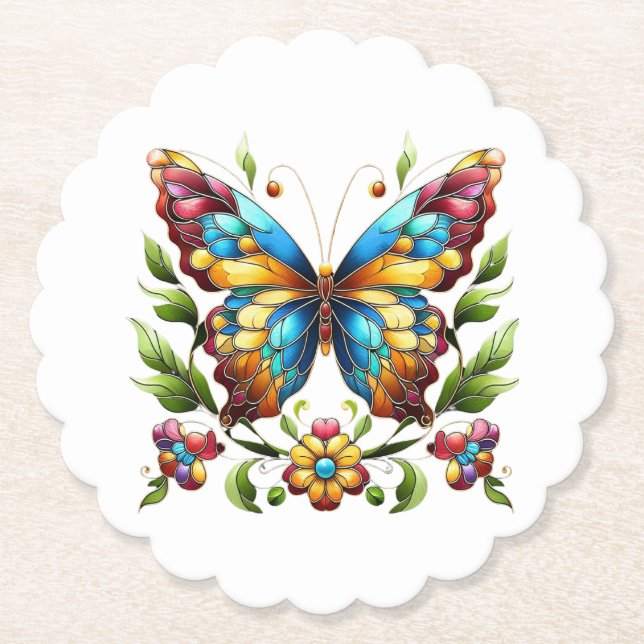 Buntes Glasschmetterling mit Blume Untersetzer (Vorderseite)