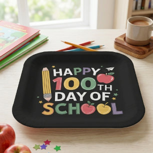 Buntes Glückliches 100. Schultag Bleistift Apfel  Pappteller