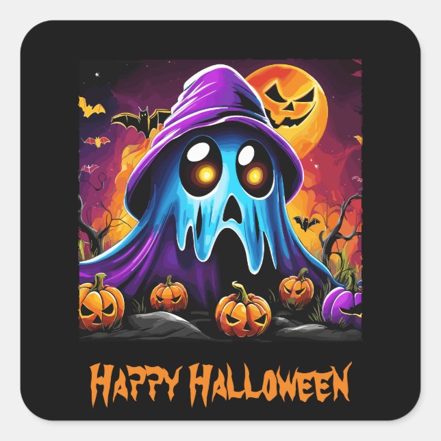 Buntes Halloween Ghost Pumpkin Happy Halloween Quadratischer Aufkleber (Vorderseite)