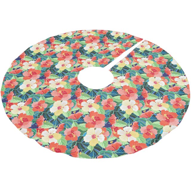 Buntes Hibiskus-Muster Polyester Weihnachtsbaumdecke (Schrägansicht)