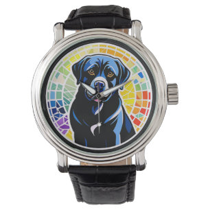 Buntes Hundeporträt im Regenbogen-Mosaik-Kreis Armbanduhr