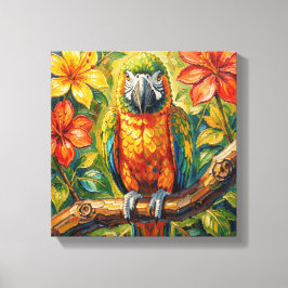 Buntes Impasto-Papagei und tropische Blume Leinwanddruck
