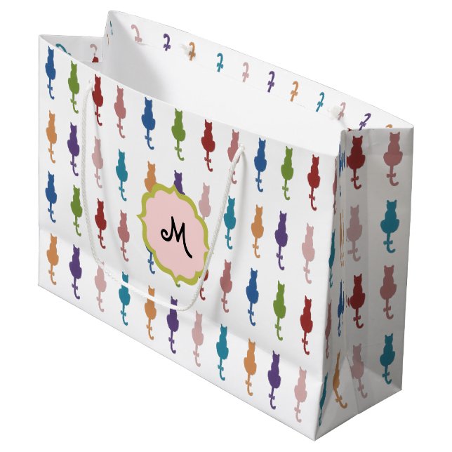 Buntes Katzen-Monogramm-große Geschenk-Tasche Große Geschenktüte (Vorderseite Schrägansicht)