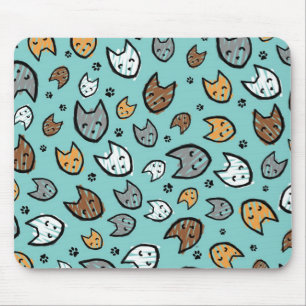 Buntes Katzen-und Tatzen-Muster auf aquamarinem Mousepad