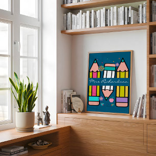 Buntes Lehrer Cartoon Bleistift Poster in Blau