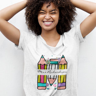 Buntes Lehrerpencil-Cartoon-T-Shirt mit Namen T-Shirt