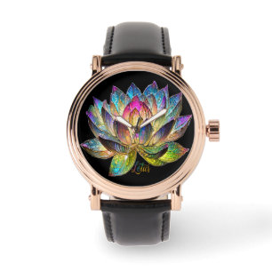 Buntes Lotusblumen-Buntglas auf Schwarz Armbanduhr