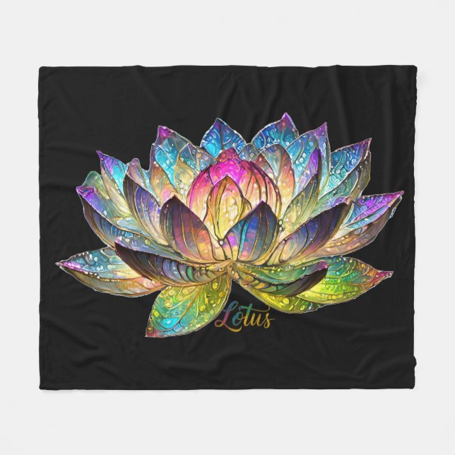 Buntes Lotusblumen-Buntglas auf Schwarz Fleecedecke (Vorderseite (Horizontal))