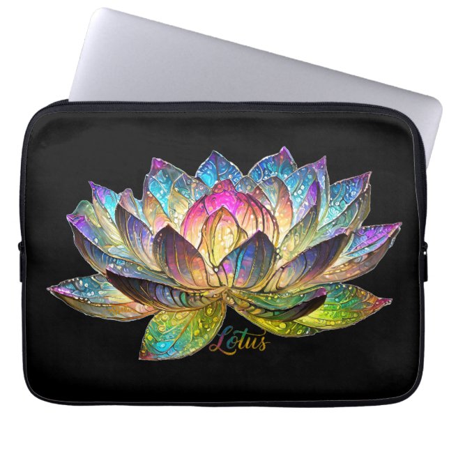 Buntes Lotusblumen-Buntglas auf schwarzem Grund Laptopschutzhülle (Vorderseite)