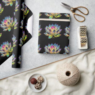 Buntes Lotusblumenfenster auf Schwarz Geschenkpapier