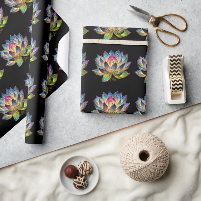 Buntes Lotusblumenfenster auf Schwarz Geschenkpapier (Kunsthandwerk)