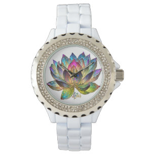 Buntes Lotusblumenfenster auf Weiß Armbanduhr