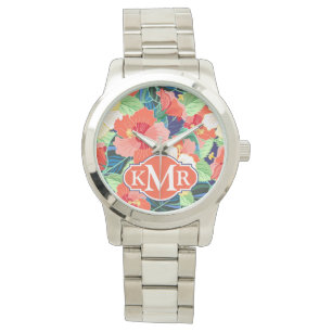 Buntes Monogramm des Hibiskus-Muster-  Armbanduhr