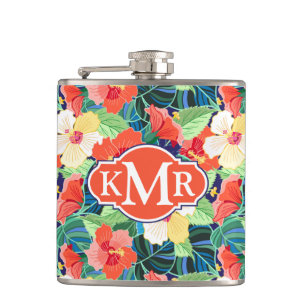 Buntes Monogramm des Hibiskus-Muster-  Flachmann