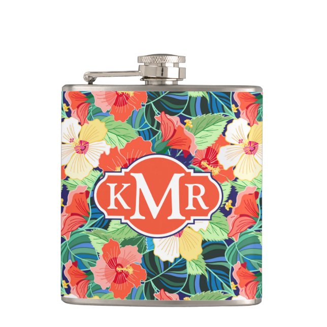 Buntes Monogramm des Hibiskus-Muster-| Flachmann (Vorderseite)