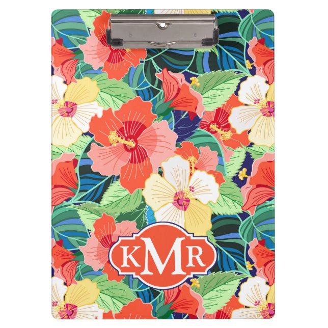 Buntes Monogramm des Hibiskus-Muster-| Klemmbrett (Vorderseite)