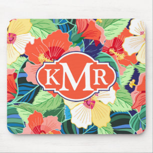 Buntes Monogramm des Hibiskus-Muster- Mousepad