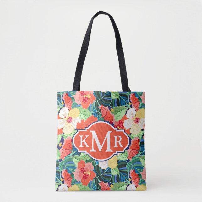 Buntes Monogramm des Hibiskus-Muster-| Tasche (Vorderseite)