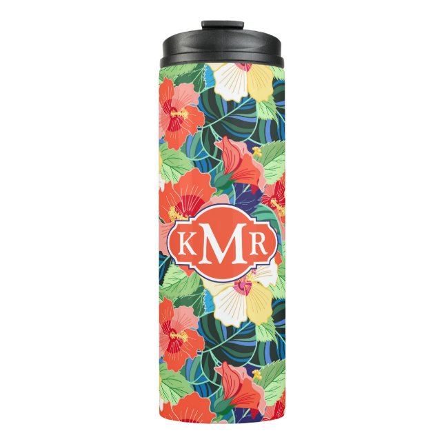 Buntes Monogramm des Hibiskus-Muster-| Thermosbecher (Vorderseite)