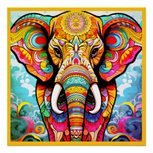 Buntes Mosaik-Elefant auf einem glänzenden Wandpos Poster