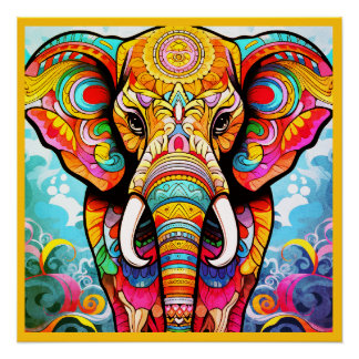 Buntes Mosaik-Elefant auf einem glänzenden Wandpos Poster