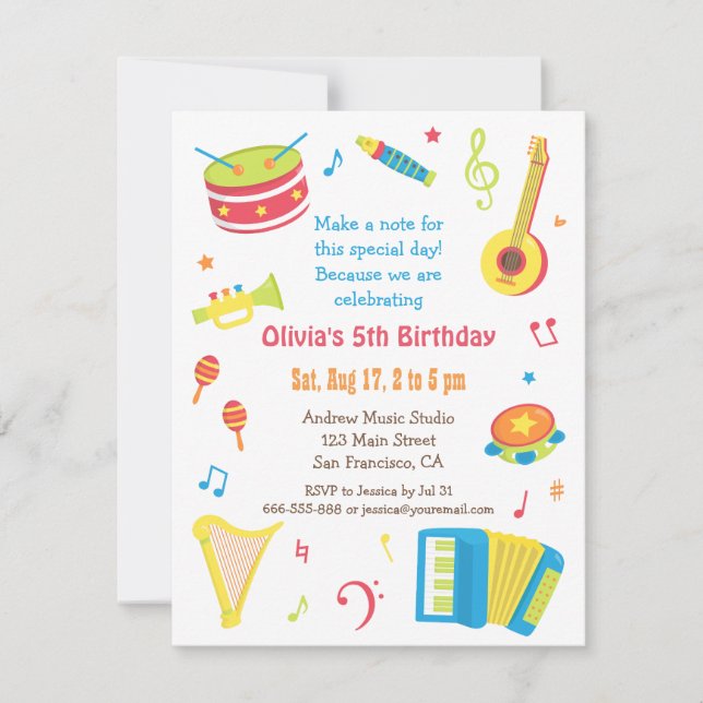 Buntes Musik-Instrument-Kindergeburtstag-Party Einladung (Vorderseite)