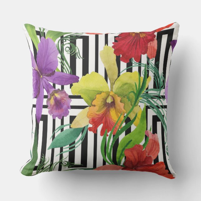 Buntes Orchideen-Blumen-Wasserfarbe-Muster Kissen (Vorderseite)