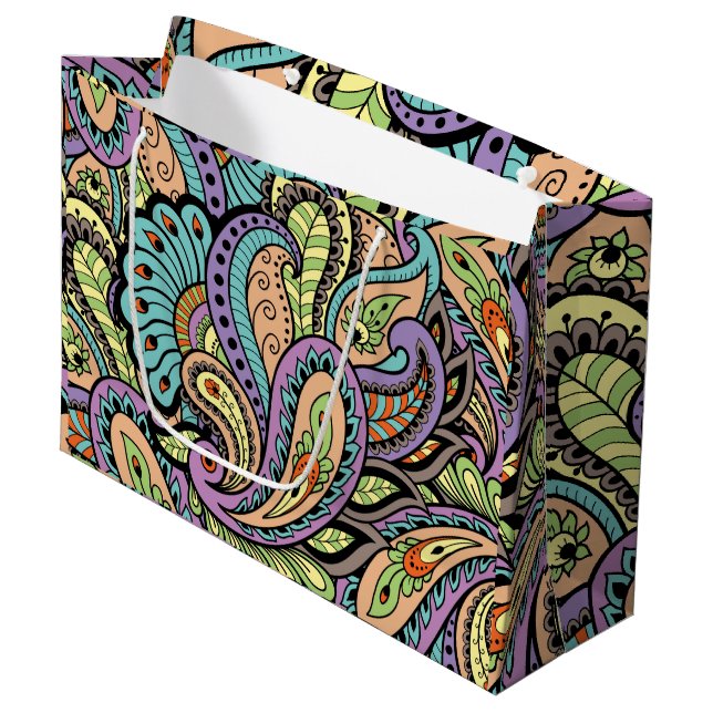 Buntes orientalisches Paisley-Muster Große Geschenktüte (Vorderseite Schrägansicht)