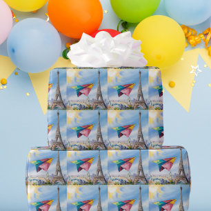 Buntes Papierflugzeug fliegt in Paris, Wasserfarbe Geschenkpapier