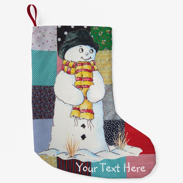 buntes Patchworkgewebe mit niedlichem Snowmanspaß Kleiner Weihnachtsstrumpf (Vorderseite)