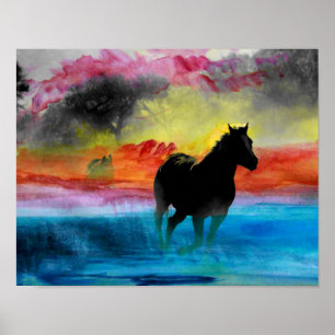 Buntes Pferd, das in Wasser-Plakat läuft Poster