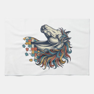 Buntes Pferd-Puzzleteil Vintage-Stich T-Shirt Geschirrtuch