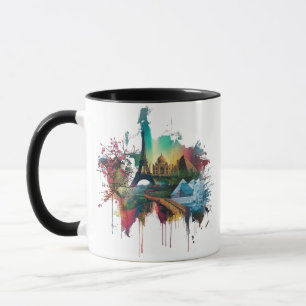 Buntes Poster mit Weltsehenswürdigkeiten-Kollage Tasse