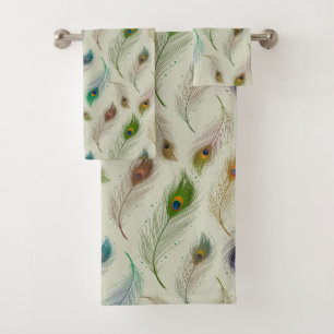 Buntes realistisches Pfau-Feder-Muster Badhandtuch Set
