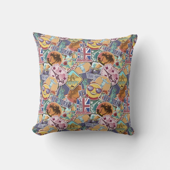 Buntes Reise-Aufkleber-Muster Kissen (Vorderseite)