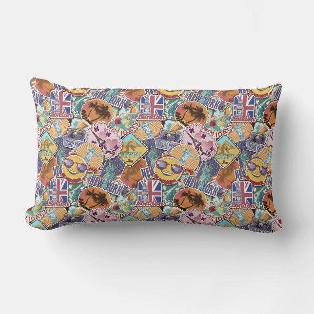 Buntes Reise-Aufkleber-Muster Lendenkissen (Vorderseite)