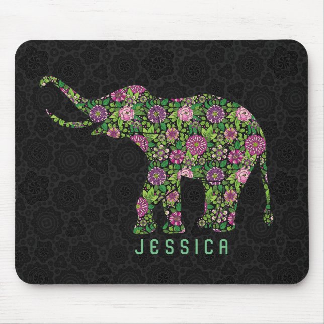 Buntes Retro-Blumen-Elefant  Monogramm Mousepad (Vorne)