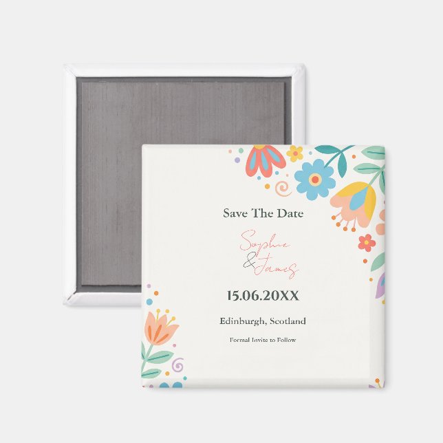 Buntes Retro-Blumen-Save-the-Date-Magnet Magnet (Vorderseite/Rückseite)