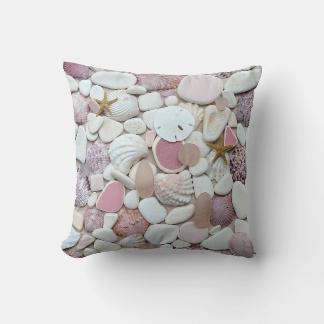 Buntes rosa Seeglasstrandtonwaren-Foto-Muscheln Kissen (Vorderseite)