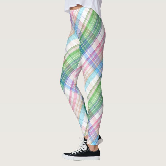 Buntes rosa Türkis-Grünkariertes Tartan-Muster Leggings (Links)