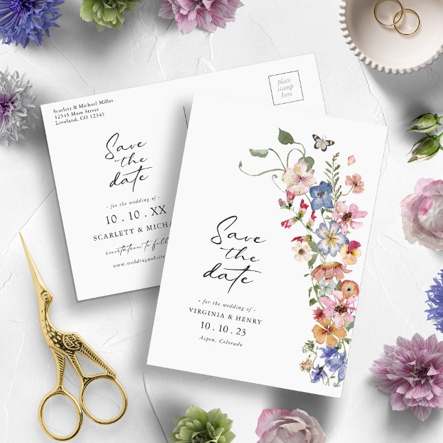 Buntes Save The Date Postkarte (Watercolor Colorful Wildflower Save The Date Postcard by Painted Paperie)