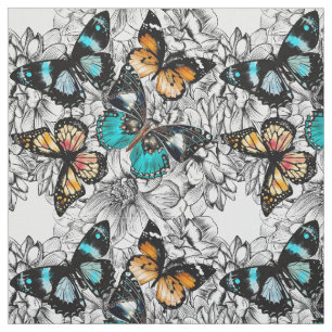 Buntes Skizzemuster der Blumenschmetterlinge Stoff