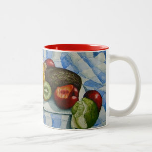 buntes Stillleben Bild von exotischen Früchten Zweifarbige Tasse