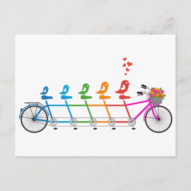 buntes Tandemfahrrad mit niedlicher Vogelfamilie Postkarte (Vorderseite)