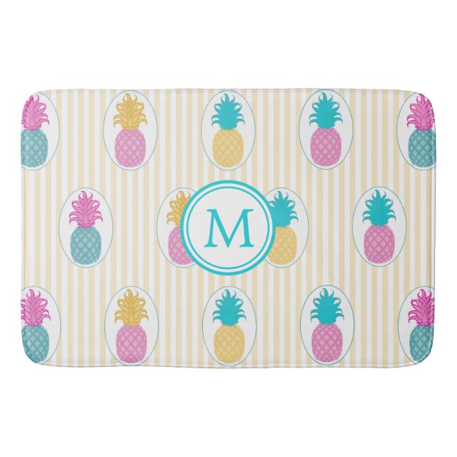 Buntes tropisches Ananas-Gelb-Streifen-Monogramm Badematte (Vorderseite)