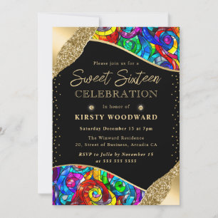 Buntes und goldenes Buntglas Sweet Sixteen Einladung