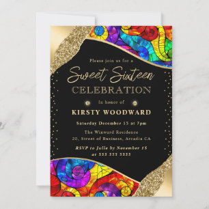 Buntes und goldenes Buntglas Sweet Sixteen Einladung