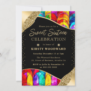 Buntes und goldenes Buntglas Sweet Sixteen Einladung