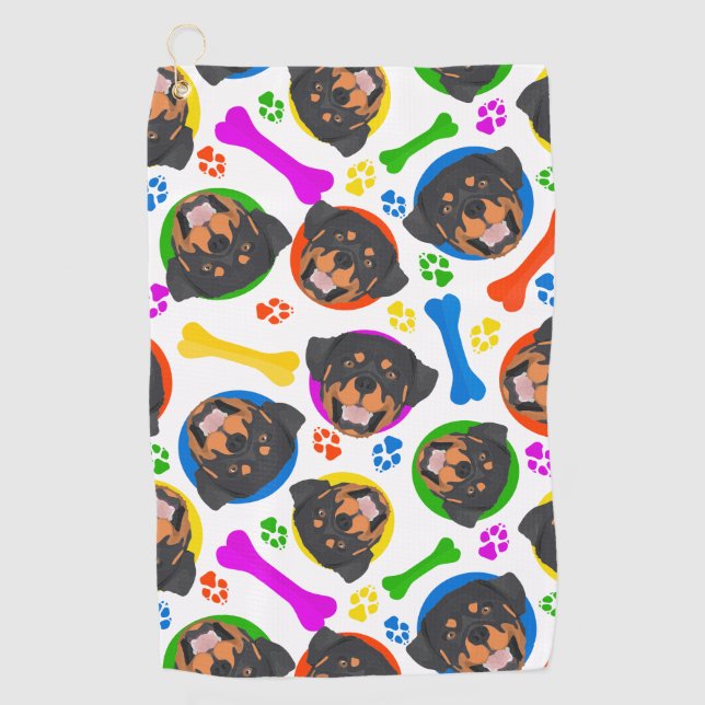 Buntes und spielerisches Rottweiler Golfhandtuch (Vorderseite)