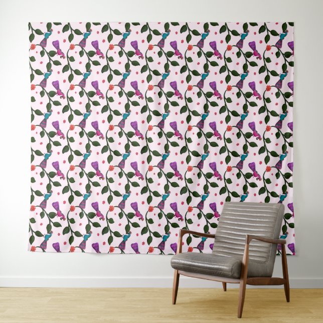 Buntes Vogel Blumen Nahtloses Muster Wandteppich (Beispiel (Horizontal))